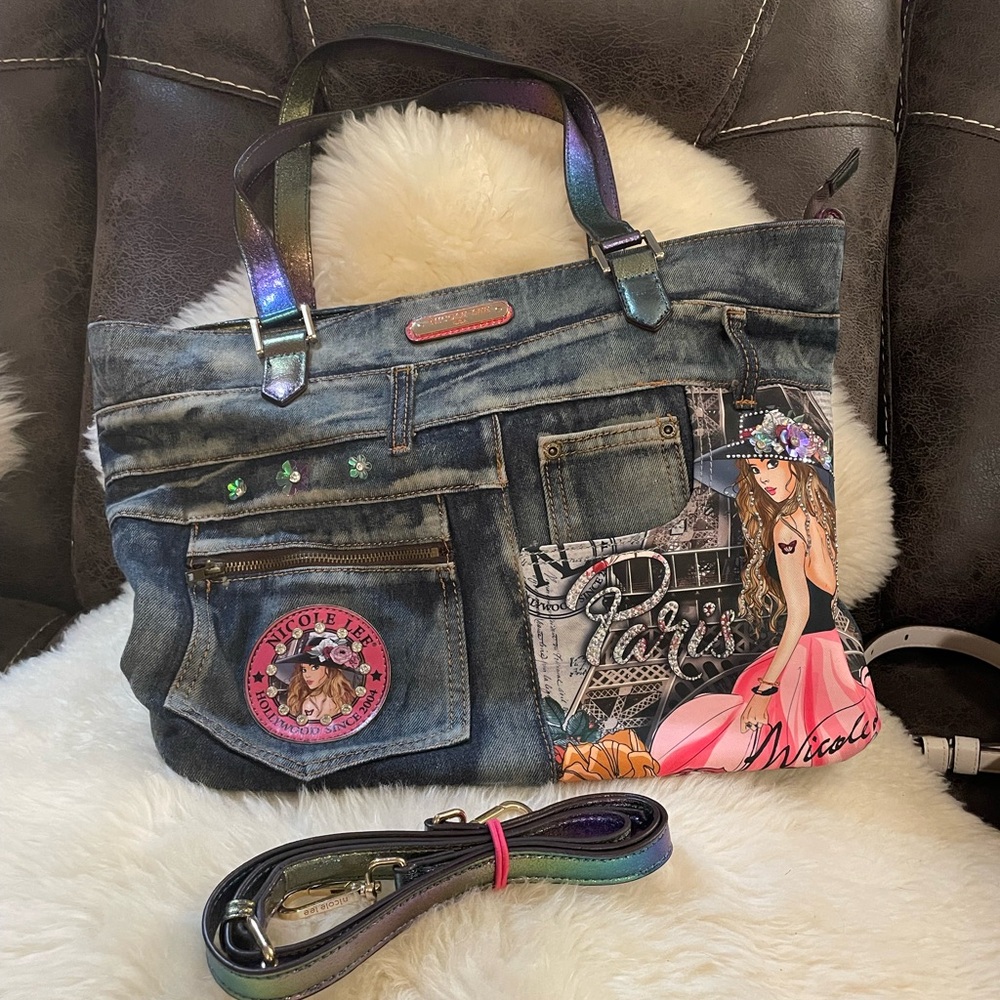 Nicole Lee Denim Tote with Multicolor Handles